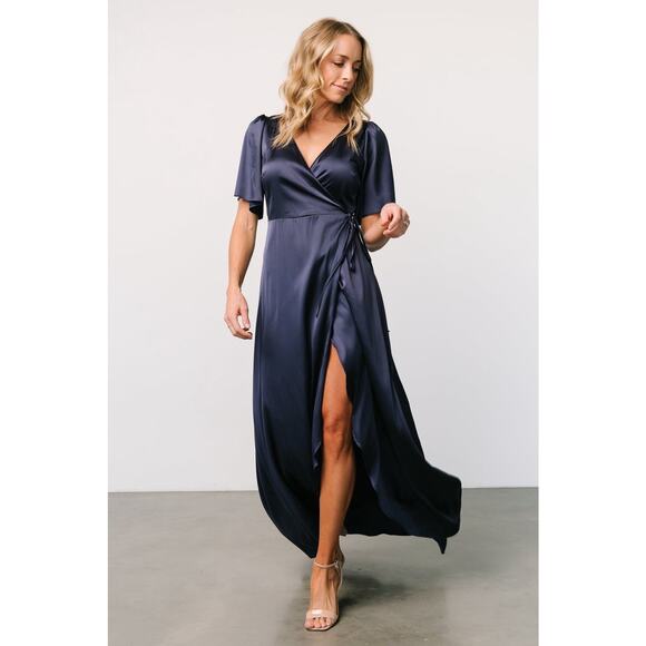 Baltic Born Vara Satin Maxi Wrap Dress Navy Blue Short Flutter Sleeves Size XL - Picture 1 of 10